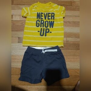 Carter's Boy Yellow Striped 'Never Grow Up' Tee + Grey Shorts Set/ 6-9 Months
